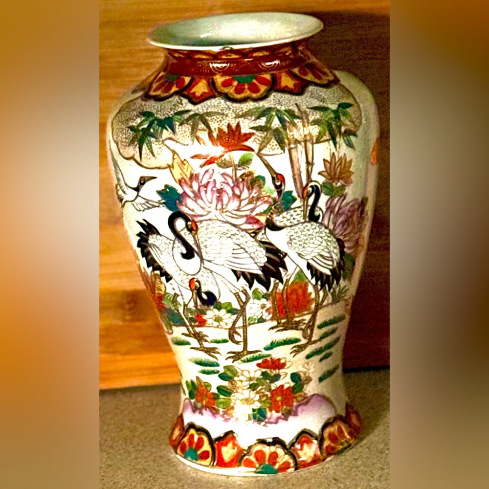 Vintage Chinoiserie Crane Floral Brass Inlay Porcelain Vase  10.25"